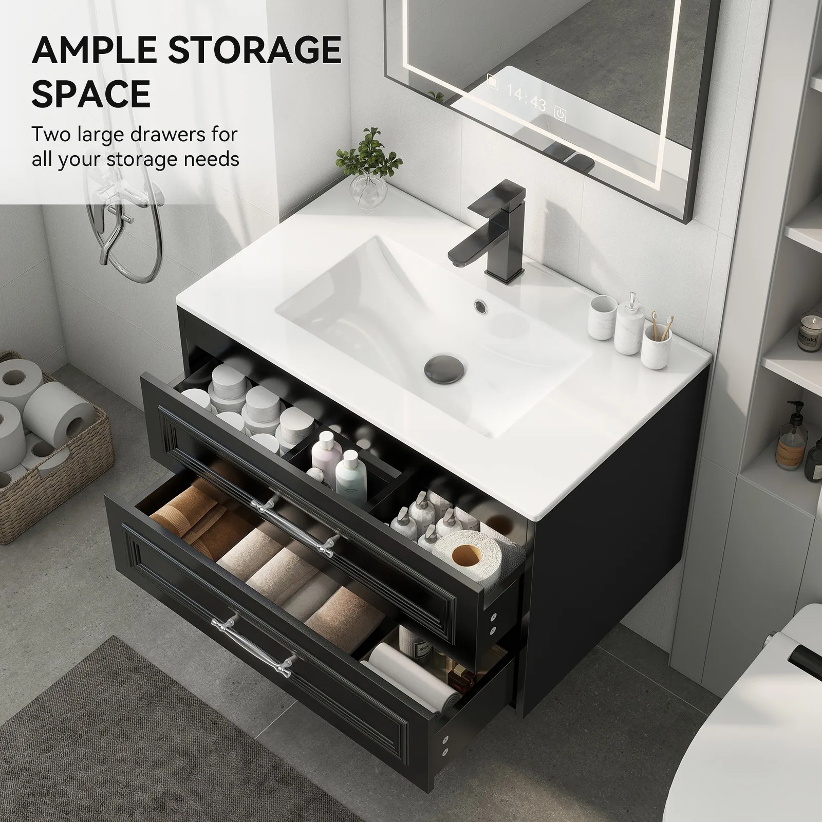 

Навесная тумба для ванной 30 дюймов с керамической раковиной и выдвижными ящиками с плавным закрыванием