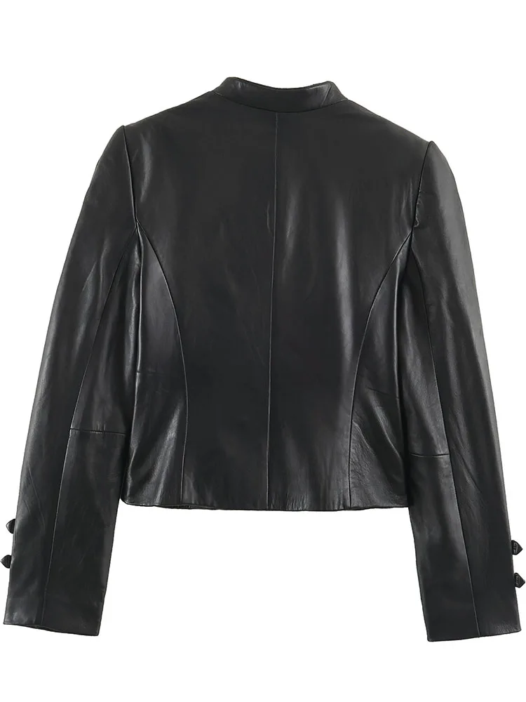 HH Women Spring Autumn Black Faux Leather Jacket Stand Collar Double Breasted Long Sleeve Cropped For Holiday Vacation Wear