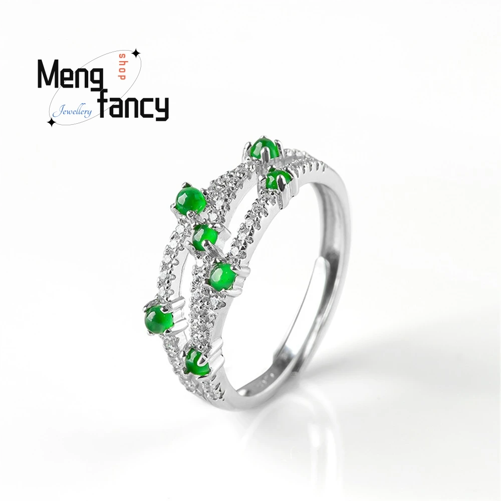 

Natural A Goods Jade Yang Green Ring Ice Jade S925 Silver Inlaid Fashion Ring For Women Simple And Adjustable Luxury Jewelry