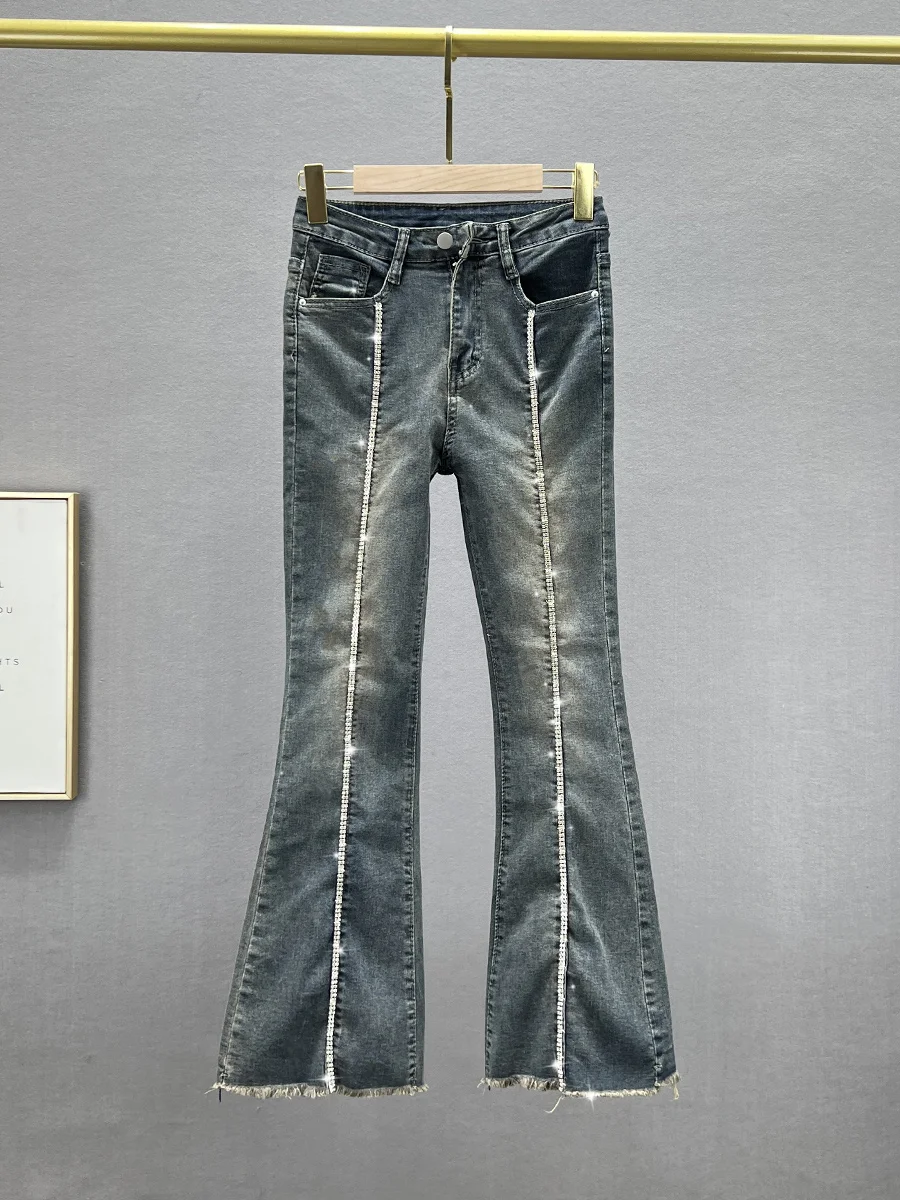 

Retro High Waist Slim Fit Women's Jeans Elastic Cotton Stretch Denim Spring 2024 Trendy Diamond Embellied Micro Flared Pants