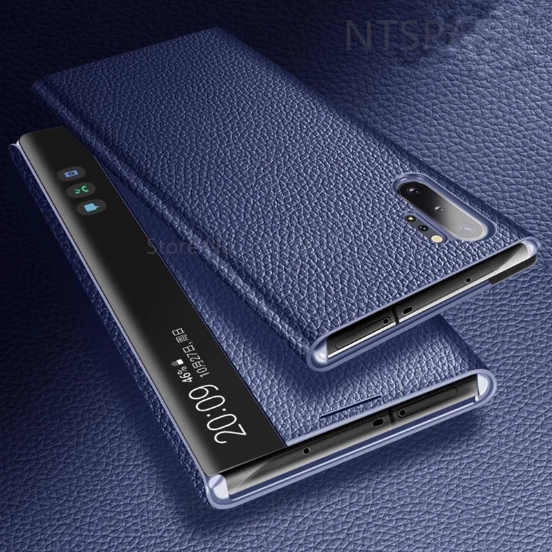 Luxury Lychee Texture Leather Cases For Samsung Galaxy Note 10 Plus Note10+ Free-flip Answer Calls Window View Smart Flip Cover