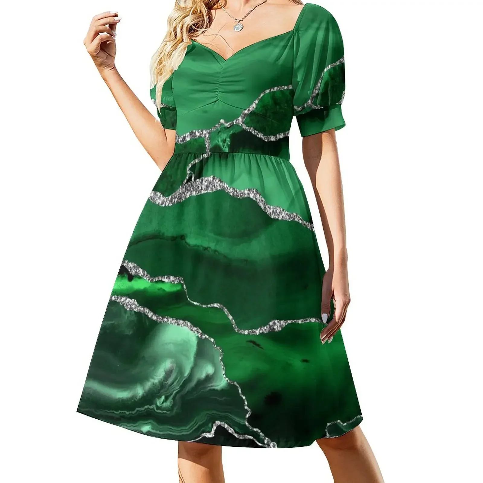 

Emerald Malachite Faux Marble Landscapes Sleeveless Dress women's luxury party dress women's clothing korea stylish Dress