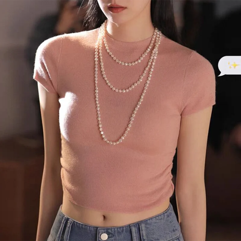 Sides Drawstring Pleated Stand Knitted T-shirts Women Slim Fit Office Lady Casual Ladies Blouse Short Sleeve Crop Tops Y2K 27370