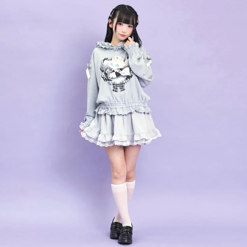 Japanese Style Sweet Casual Cute Cartoon Cat Print Bow Long Sleeve Ruffles Patchwork Casual Hoodies Sweatshirts Top Women Autumn