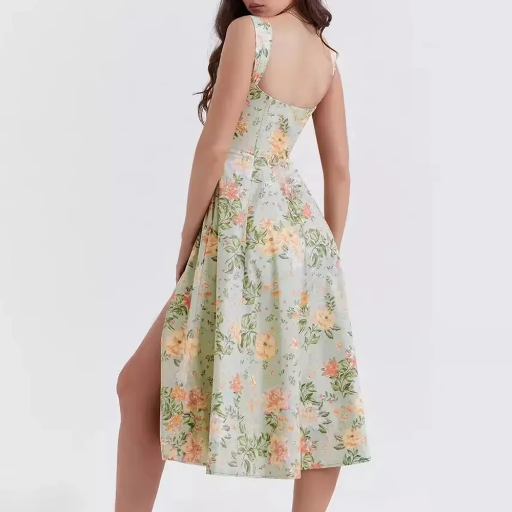 Vestidos Primavera Verano moda elegante abertura lateral Floral sin mangas cuello cuadrado Midi vestidos con adornos de lechuga para mujer