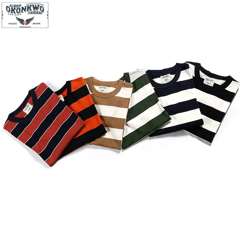 

Vintage American Style Heavyweight Prisoner Biker Men's Short Sleeve Thick Striped T-Shirt