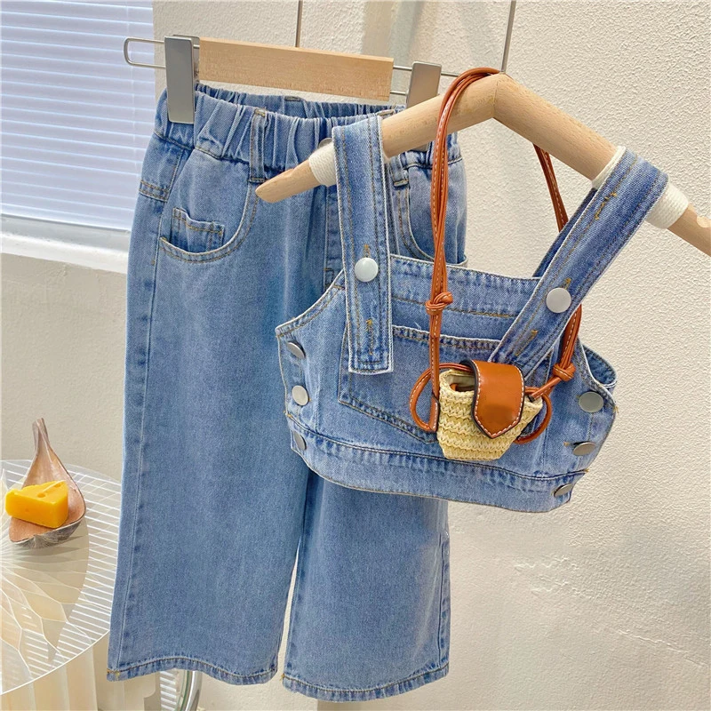 New Summer Girls\' Clothing Sets Pocket Buttons Street Denim Vest +Wide-Leg Pants Fashion Baby Kids Outfit Children Clothes Suits