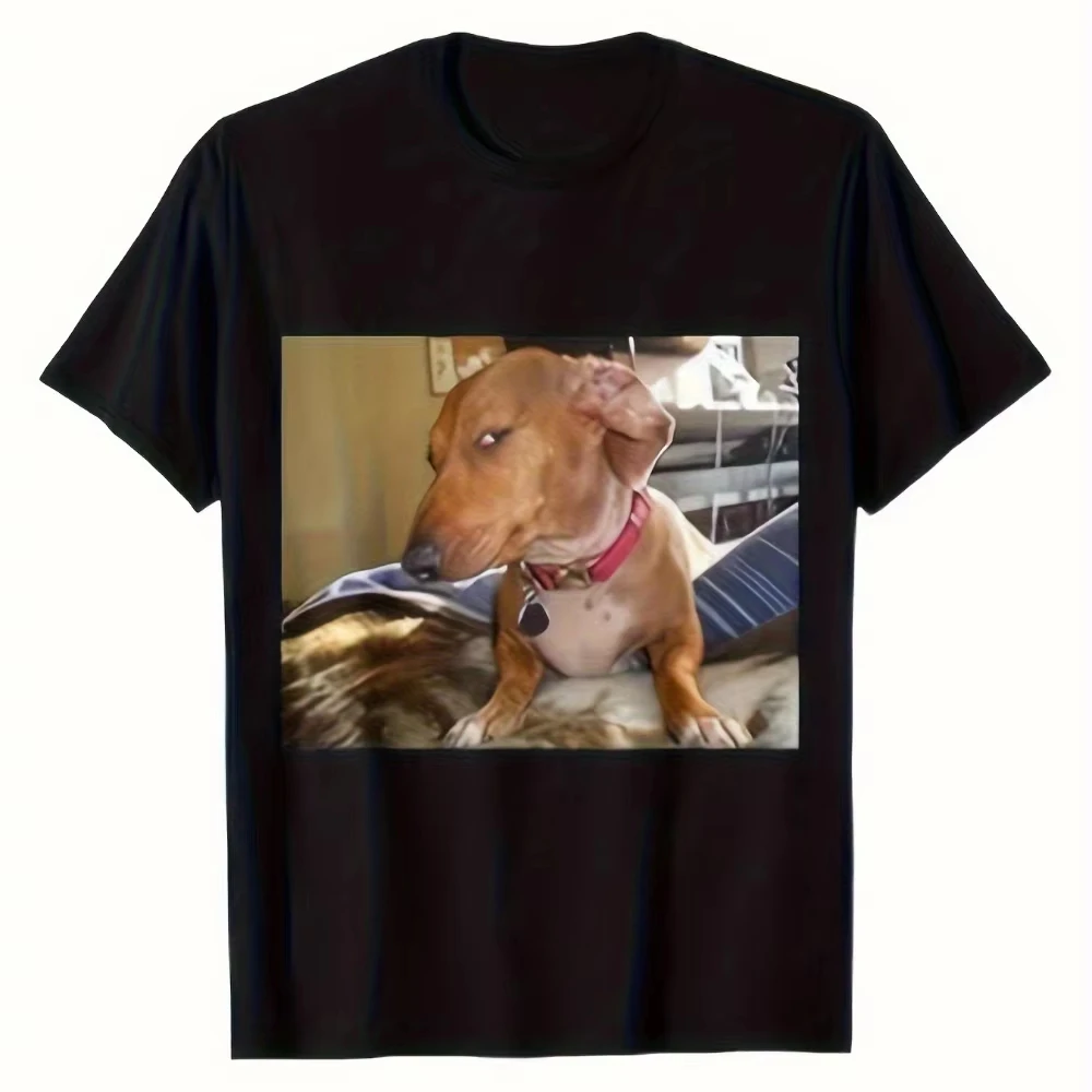 Funny Exaggerated Side-Eye Dog Graphic T-Shirt Soft Black Casual Short Sleeve Tee for Men Women Humorous Print All-Season