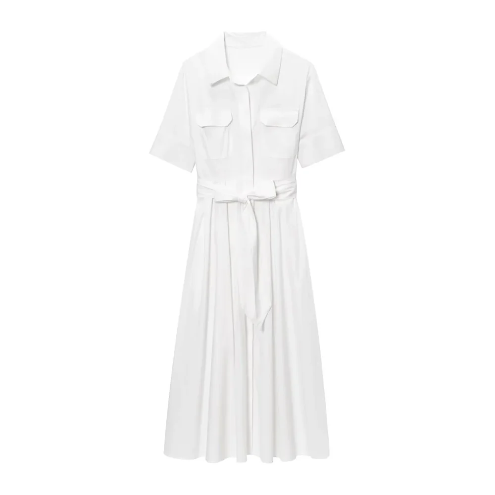 PB & ZA2025Double Pocket Lapel แขนสั้นเสื้อเรียบง่าย LACE-up Design สีทึบกระโปรงยาวฤดูร้อนผู้หญิงเสื้อผ้า