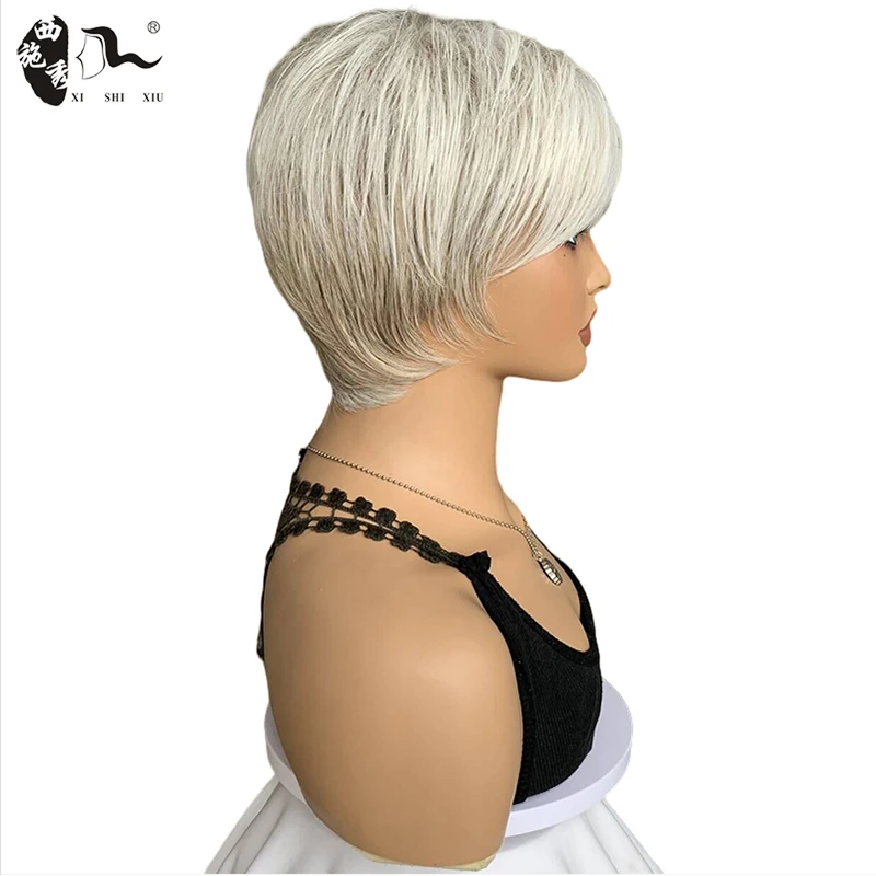 Short Mixed White Straight Hair Wigs For Women Pixie Cut Layered Wig With Bangs Synthetic Hair Wigs Cosplay Halloween Daily Wigs