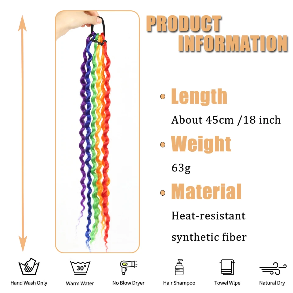 Synthetic Long Deep Wave Rainbow Colored Braiding Ponytail Extensions for Kids Women Daily Party Christmas Halloween Festival