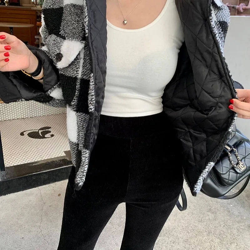 ort コットンジャエット レディース シック 韓国風 冬 新作 フリップカラー ファッショナブル レトロ チェック柄 コート 暖かい 快適なトップス