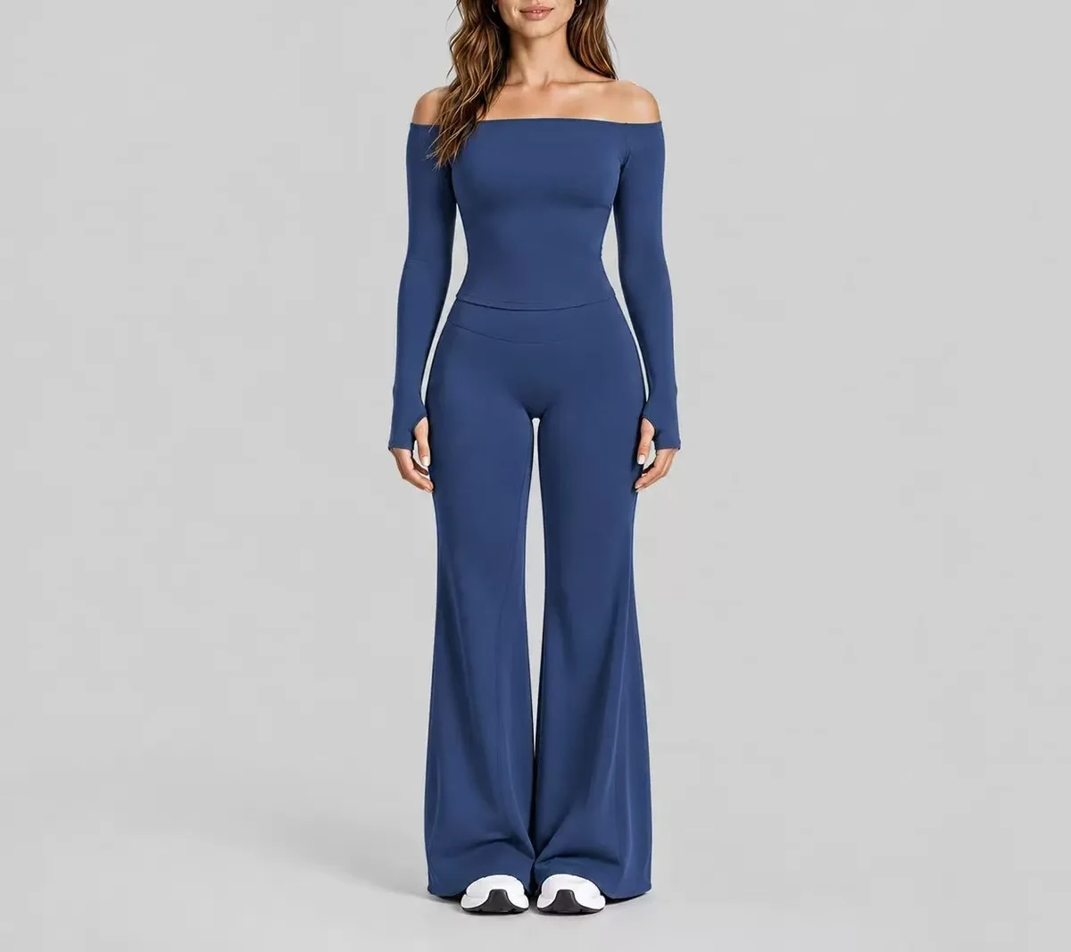 Women Yoga Set Off Shoulder Long Sleeve Top Flare Pants 2 Piece Workout Outfit High Waist Stretchy Gym Fitness Tracksuit