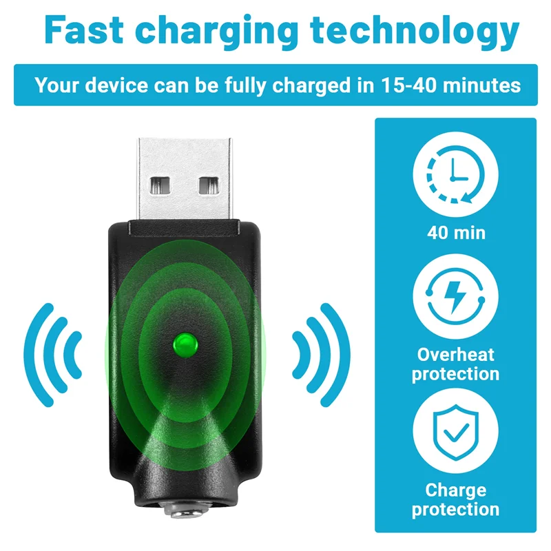 Cable de rosca USB para cargador AS95-2PCS, cargador USB portátil para vapeo, con luz indicadora LED, protección inteligente contra sobrecarga