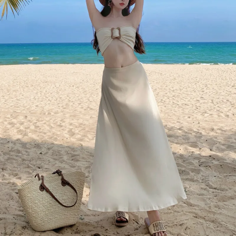 HKSH صيف جديد المرأة المد شيك عطلة الشاطئ نمط مثير حمالة سترة منخفضة الخصر تنورة موضة عادية قطعتين مجموعة HK6369