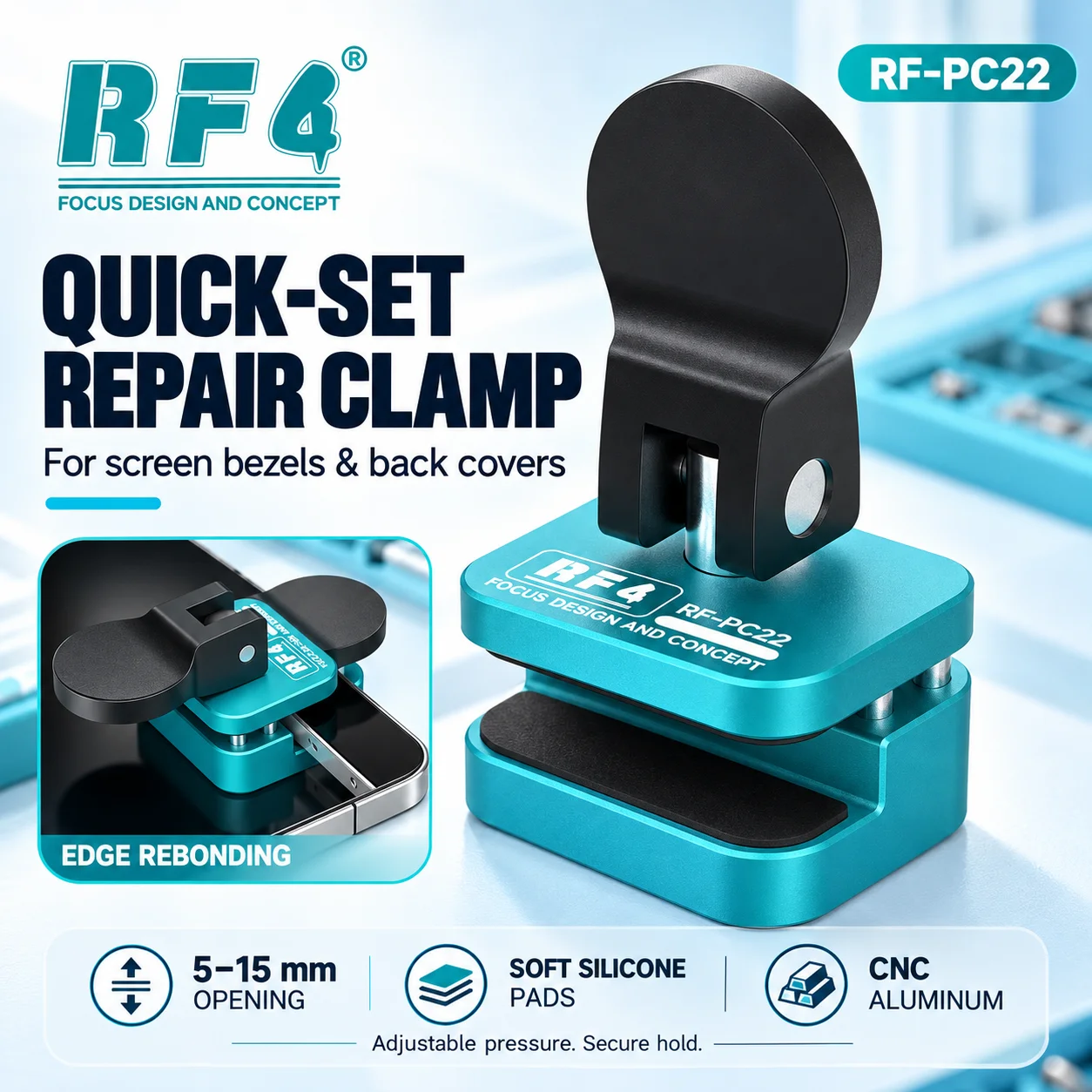 RF4 RF-PC22 Phone Screen Clamp CNC Aluminum Alloy Precision Pressure Fixture for Bezel Back Cover Localized Rebonding and Repair
