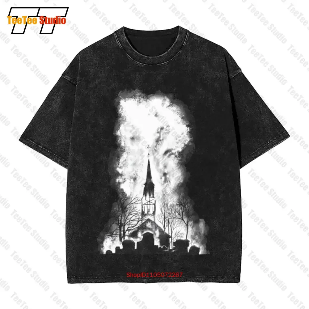 Burning Church Vintage camiseta extragrande Anti religión Metal negro Anticristo 3R73