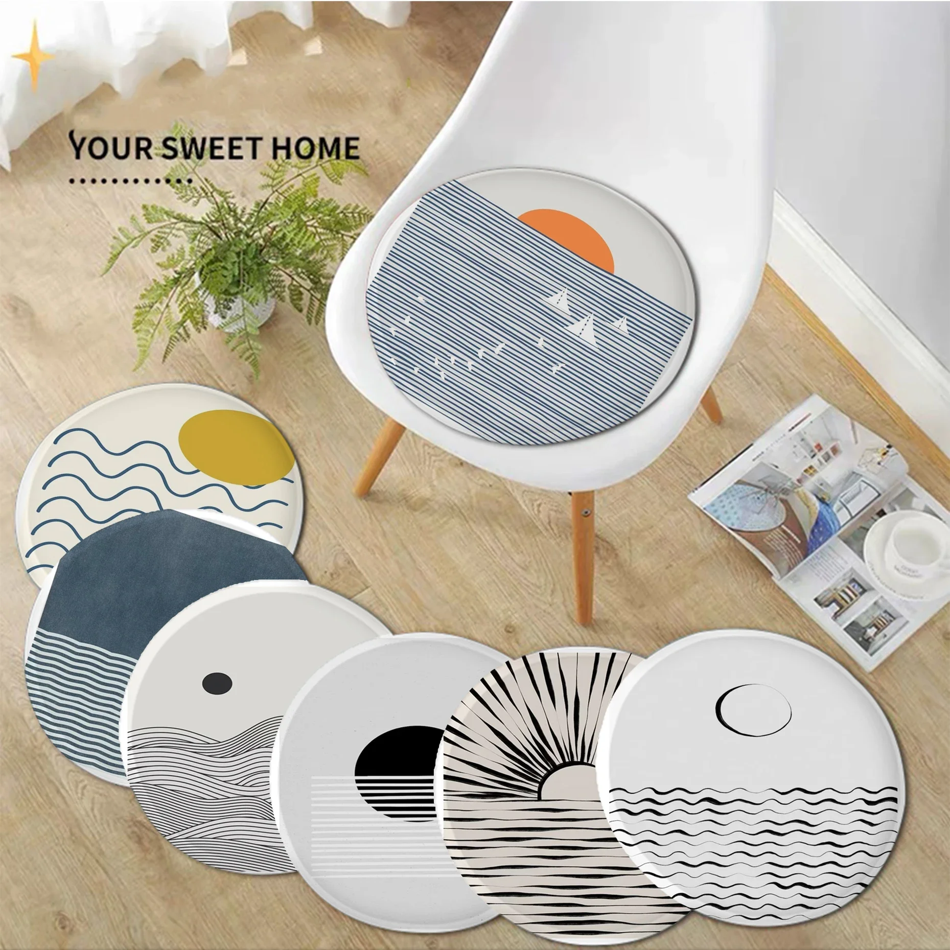 Crescent Moon Ocean Wave Art Print Round Chair Mat Soft Pad Seat Cushion For Dining Patio Home Office Indoor Outdoor Garden Mat