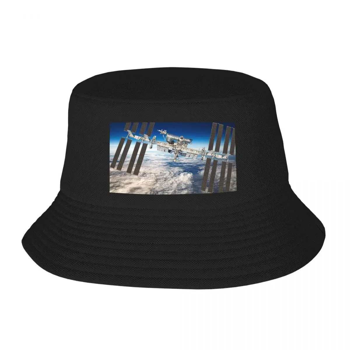 International Space Station Over The Planet Earth.. Iss And Satellite Aesthetic Novelty Design Bucket Hat