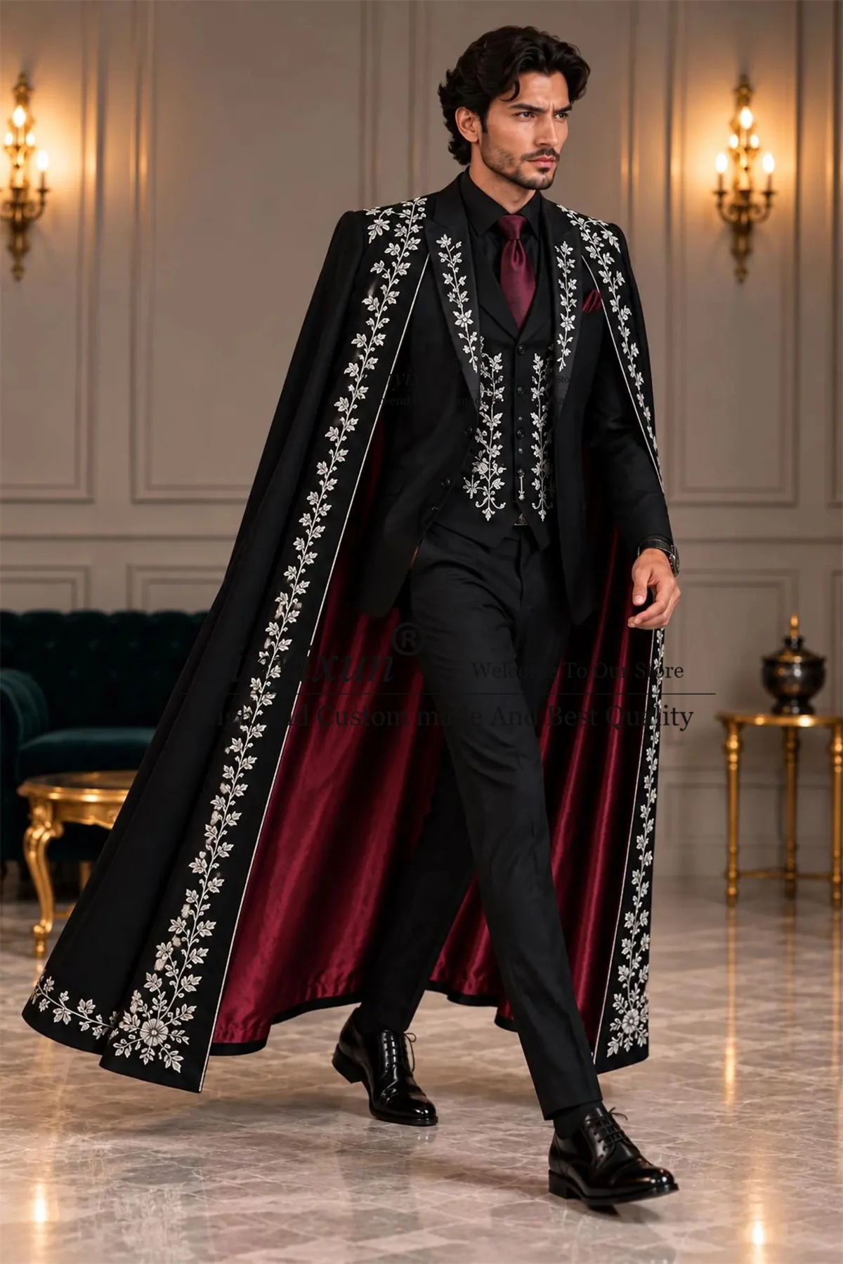 Elegant Embroidered Lace Men Suits Customized Long Coat Pants Design Groom Male Blazers 3 Piece Sets Wedding Tuxedos ropa hombre