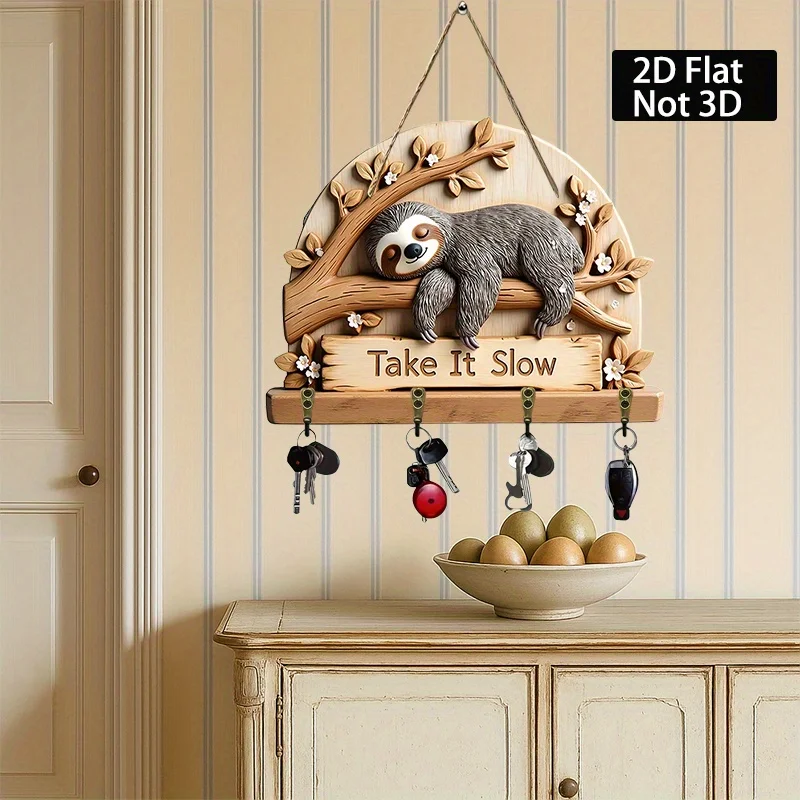 2D Flat Hooks, 1 Lazy Sloth Keychain with Four Metal Hooks, Suitable for Porch, Room and Villa Wall Decoration, All-Season Home