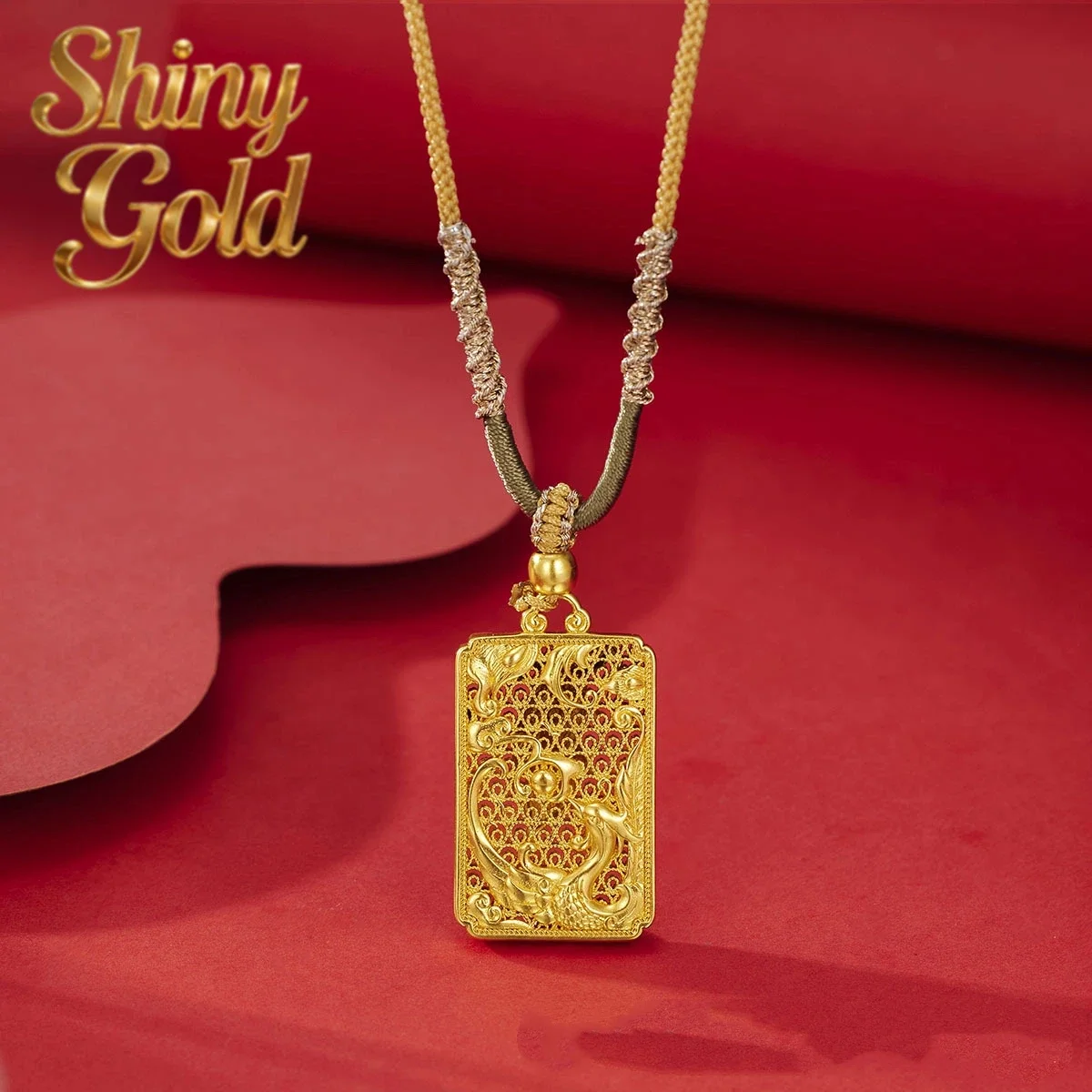 

ShinyGold Gold store 24K real gold dragon and phoenix pendant phoenix brand au9999 pure gold rope couple necklace