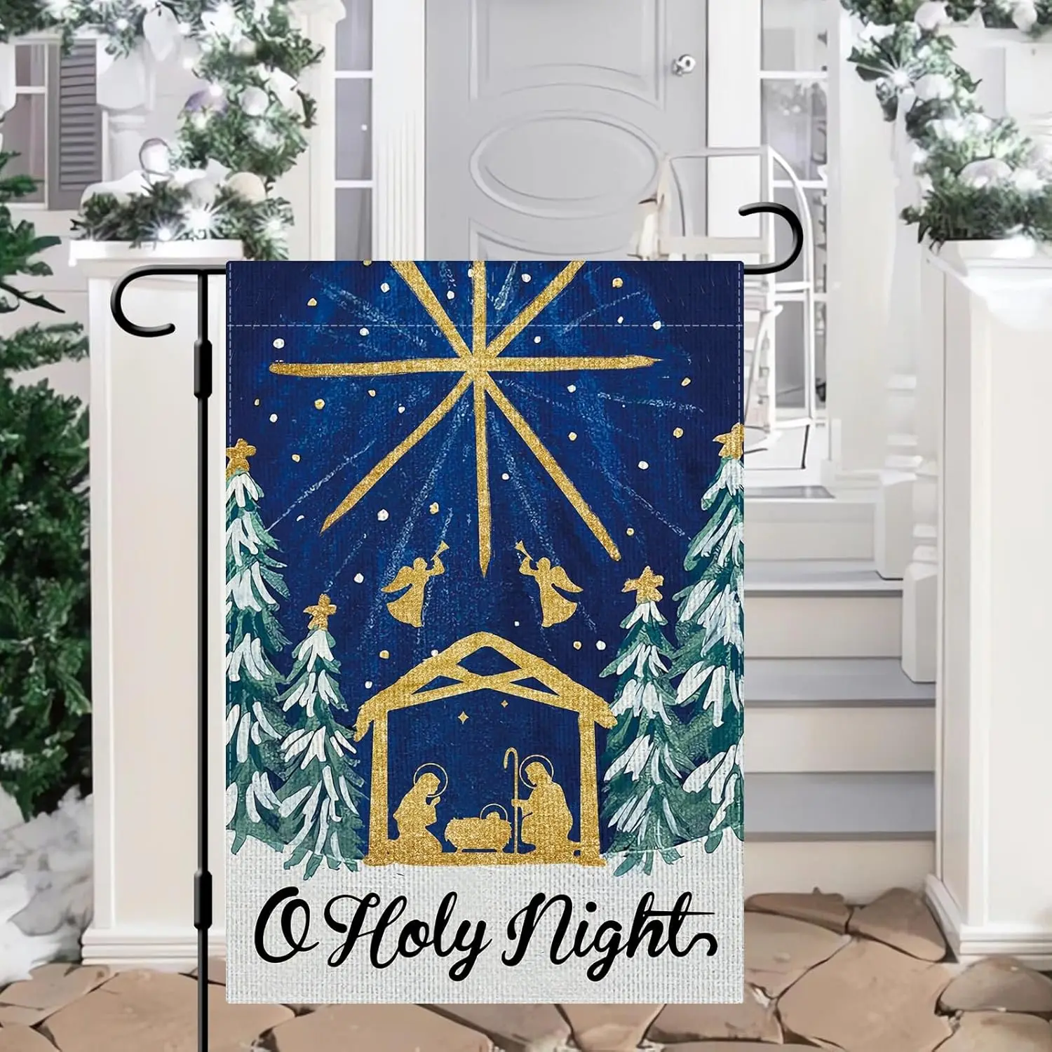 DLZDN O ليلة المقدسة حديقة العلم المهد حديقة العلم 12 × 18 بوصة مزدوجة الوجهين العمودي الخيش مزرعة ساحة العلم عيد الميلاد إعادة FFI