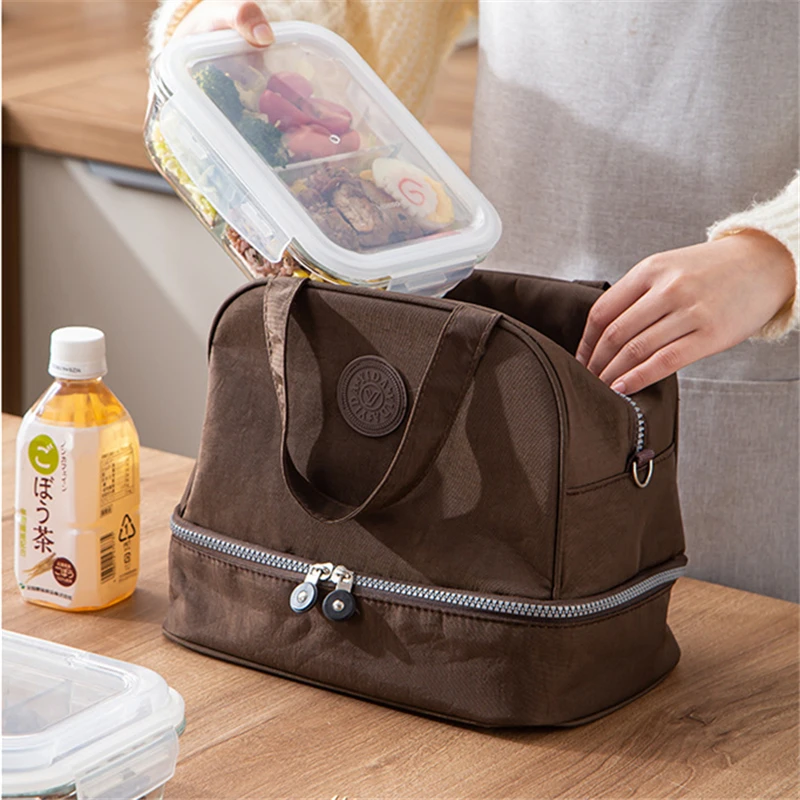 Double Layer Portable Thermal Lunch Bag Large Capacity Outdoor Picnic Food Insulated Cooler Bags Bento Box Pouch Ice Pack