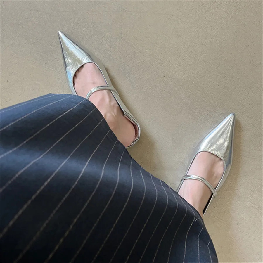 Designer Pointed Toe Women Flats Ladies Elegant Single Shoes Retro Silver Leather Loafers 2024 Fashion Mary Janes Lazy Slippers