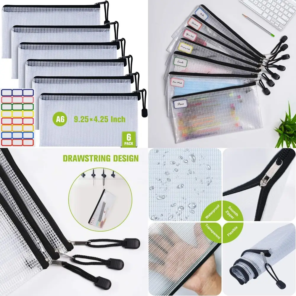 

Plastic Mesh Zipper Pencil Pouches, 6PCS Waterproof Tear-Resistant Document File Folders, A6 Size Zipper Documents Pouch Documen