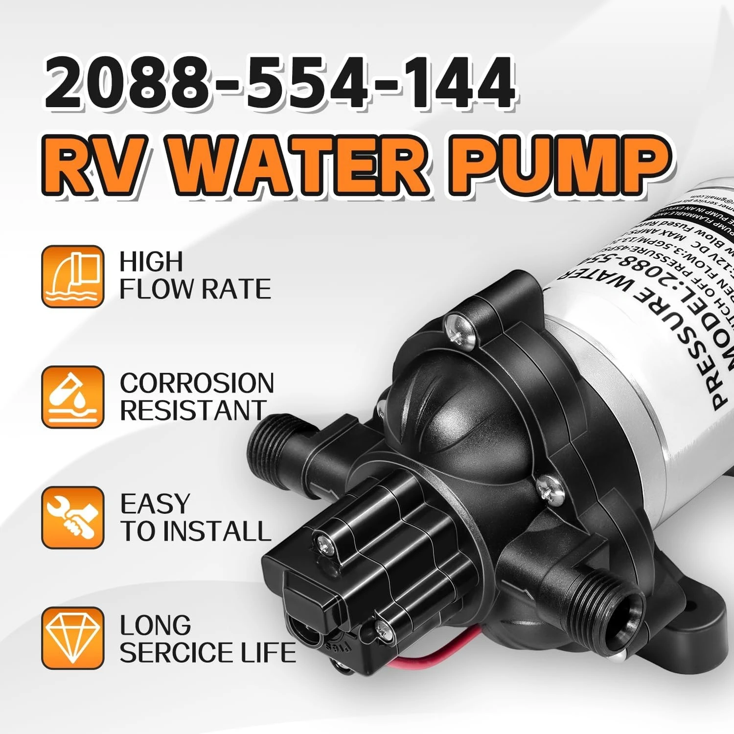 RV Water Pump 2088-554-144/2088-403-144 | 12V 3.5GPM 45PSI | Self-Priming Quiet Diaphragm Pump | Thermal & Dry Run Protection