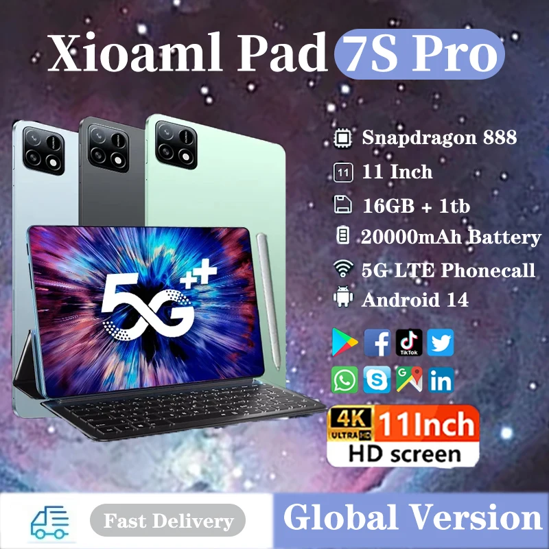 2025 versão global pad 7s pro hd 4k android 14 snapdragon gen2 11 polegadas 16gb + 1t 20000mah 5g phonecall tablet pc duplo sim wifi guia