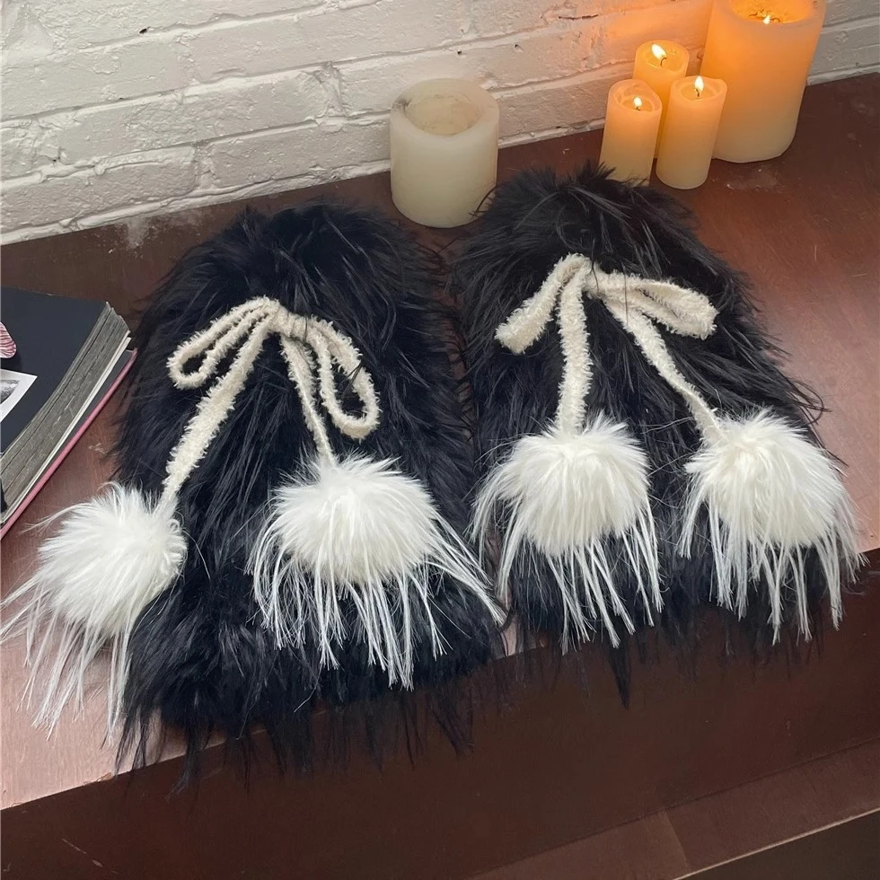 Harajuku Gothic Women Sweet Lolita Y2K Cute Fluffy Fur Hair Ball Bow Straps Accessory Decoration Legging Leg Warmers Stockings