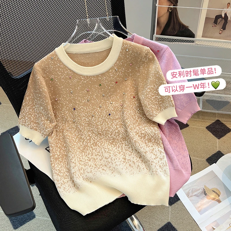 Diamonds Fashion Sweater For Women Knit T-shirt Pullover 2024 Summer Short Sleeve O-neck Casual Loose Ladies Knitwear Jumpers