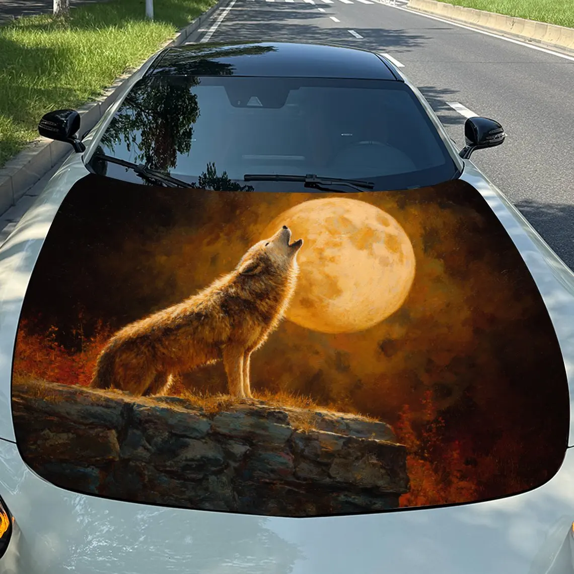 

Grey Wolf Watching The Moon Vinyl Decal - Fit Car Hood Wrap, Durable PVC Automotive Exterior Bonnet Sticker With Vibrant Pattern