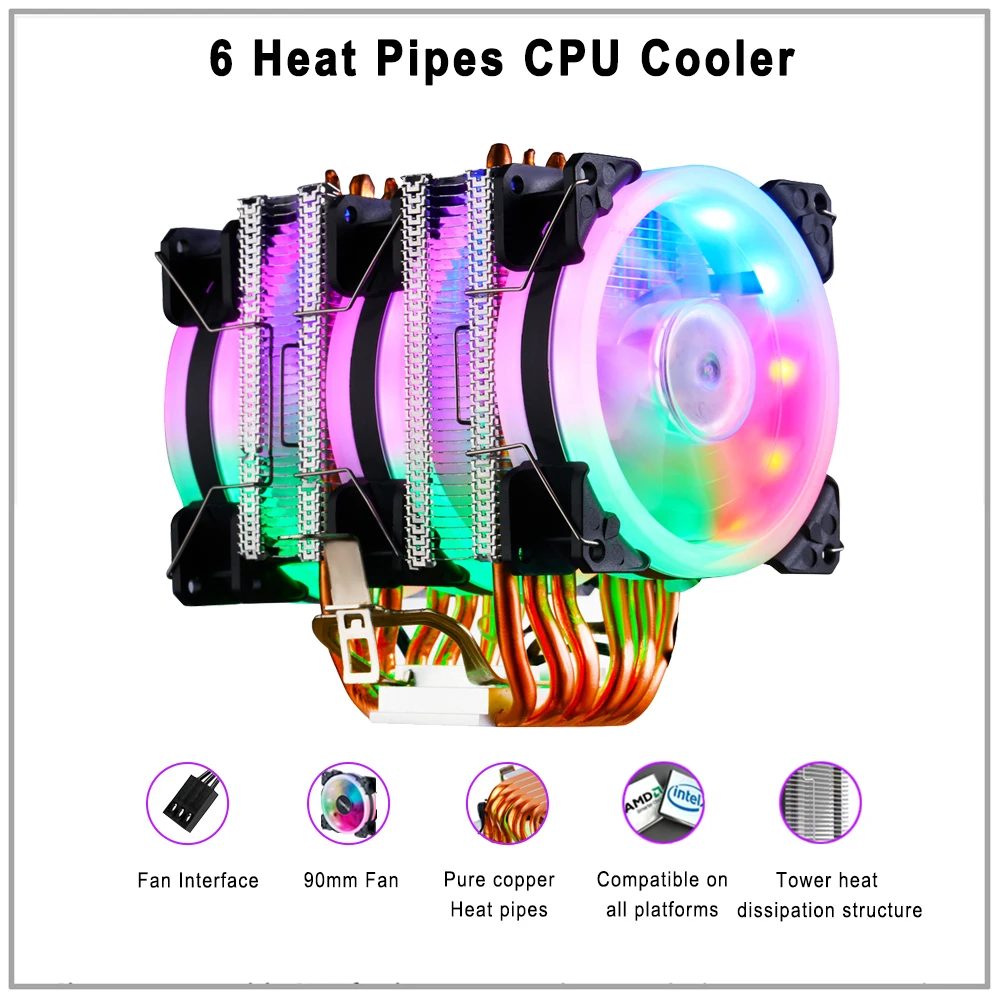 Iwongou 2011ระบายความร้อนซีพียูเย็น6ท่อความร้อน4Pin PWM หอระบายความร้อนฮีทซิงค์สำหรับ Lga1700 Lga1200 Lga1150 Am3 Am4