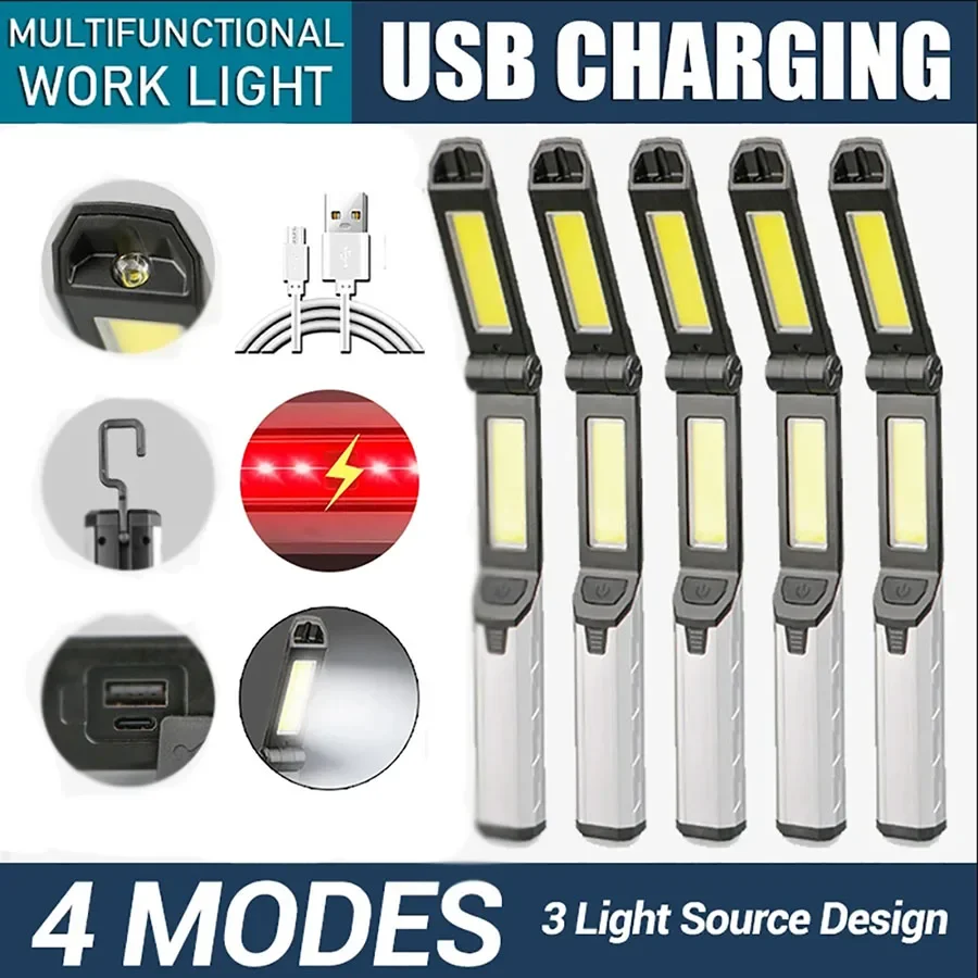 Luces de trabajo LED COB portátiles, batería integrada, linterna recargable por USB con gancho magnético, linterna plegable para acampar al aire libre