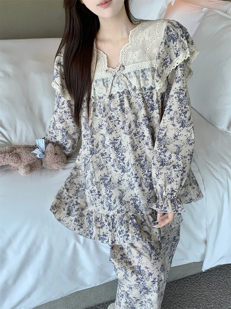 Lace New Home Sweet Print Korean Style Autumn Loose Autumn Long Sleeve Pajama Set Women V-Neck Kawaii Casual Sleep Tops Ins