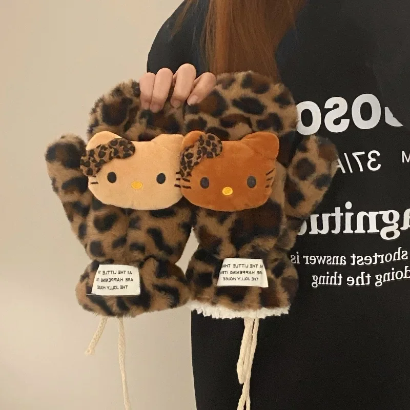 Sanrio Winter Leopard Cat Gloves Women's Plush Gloves Students' Cold-proof Cycling Warm Plus Velvet Cute Thickened Scarf