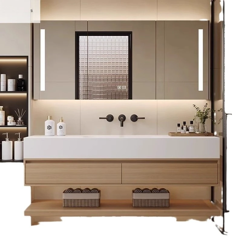 

Medieval style log bathroom cabinet, rock slab ceramic seamless basin, combined cabinet, hand washbasin, washstand