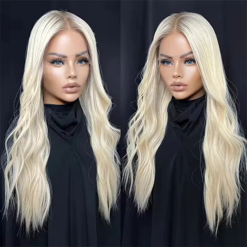 Ombre Golden Blonde Wavy Lace Front Wig Human Hair Wigs with Dark Roots