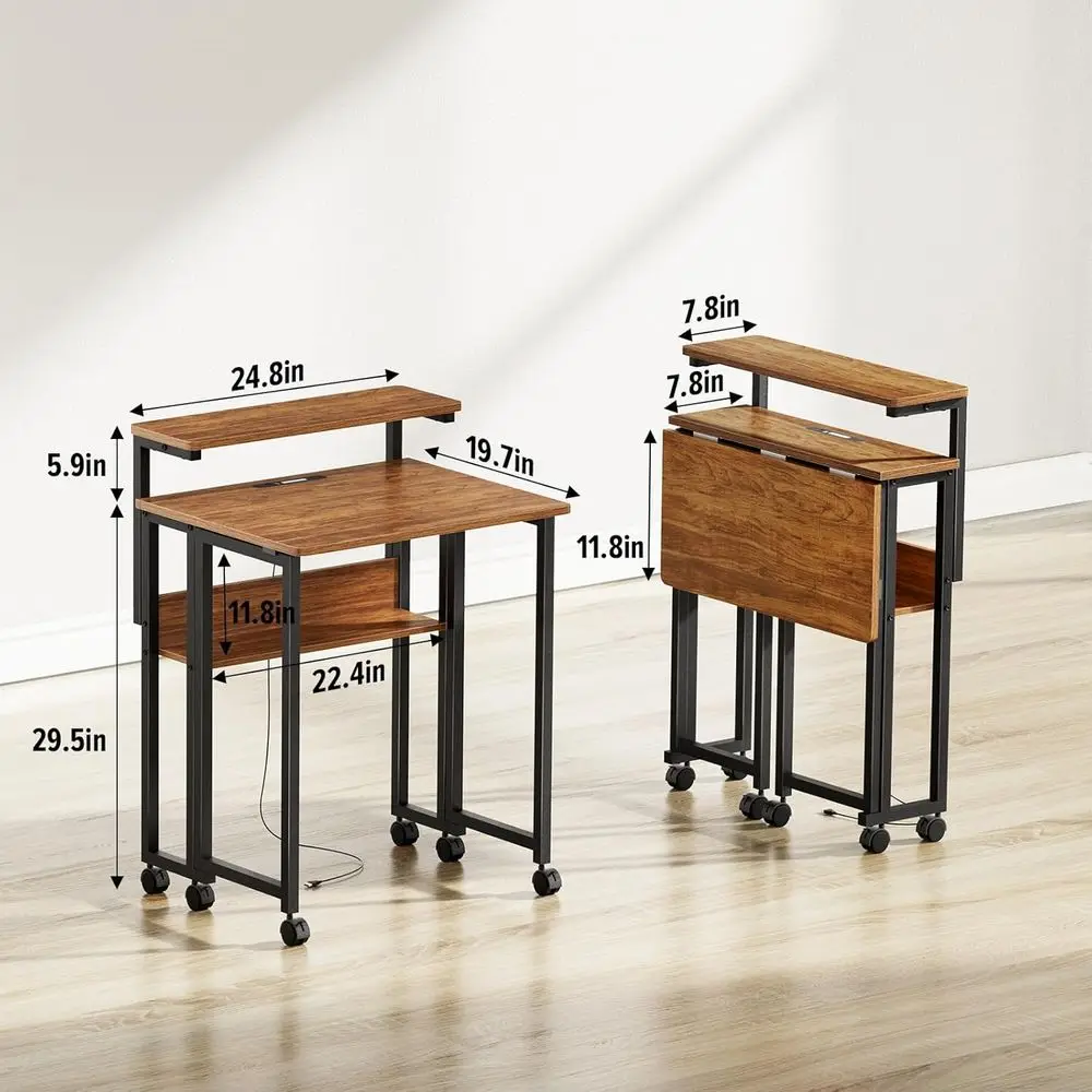 24.8 Adjustable Monitor Stand Desk with Storage, Rolling Walnut Home Office Table, USB Charging