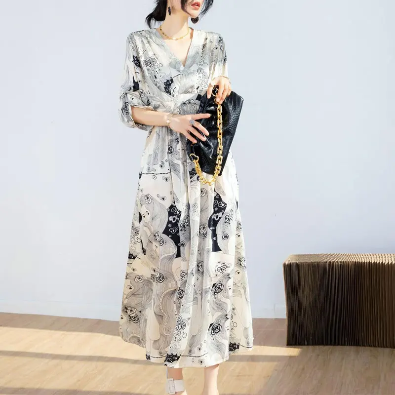 Vintage French Style Long Dress Elegant V-Neck Spring Summer Half Sleeve Female Clothing A-Line Waist Stylish Printed Dresses