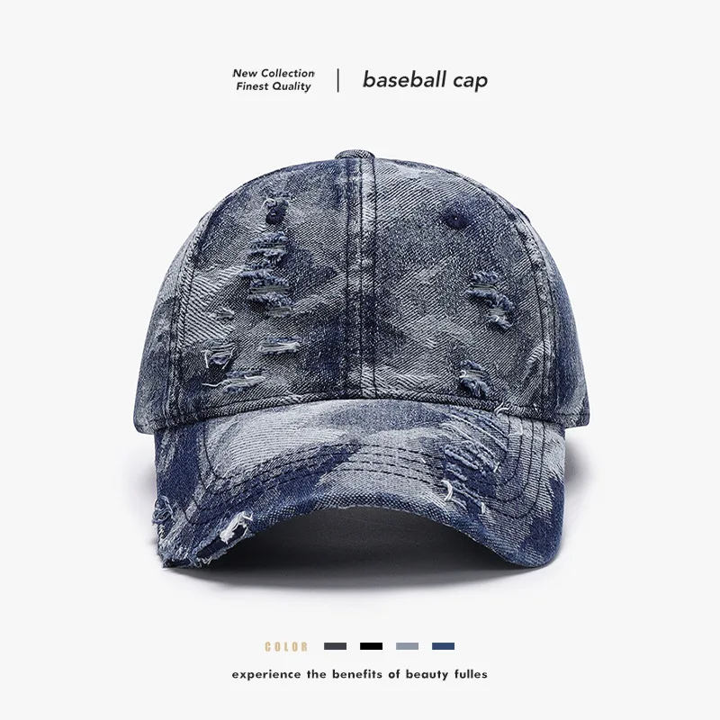 

Spring Blue Men Retro Brushed Personality Baseball Cap Women Washed Distressed Hole Outdoor Sports Breathable Peaked Cap VIsors