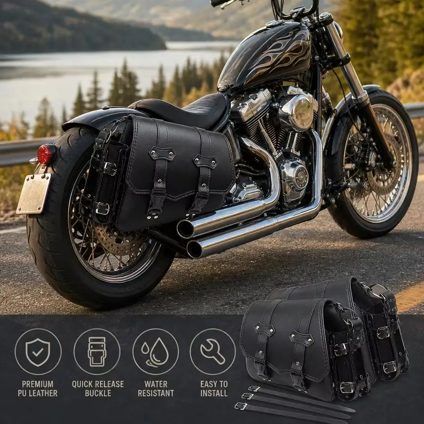 Motorcycle Saddle Bag With Water Cup Holder PU Leather Side Tool Storage Bag For Harley Retro Cruiser Motorbike
