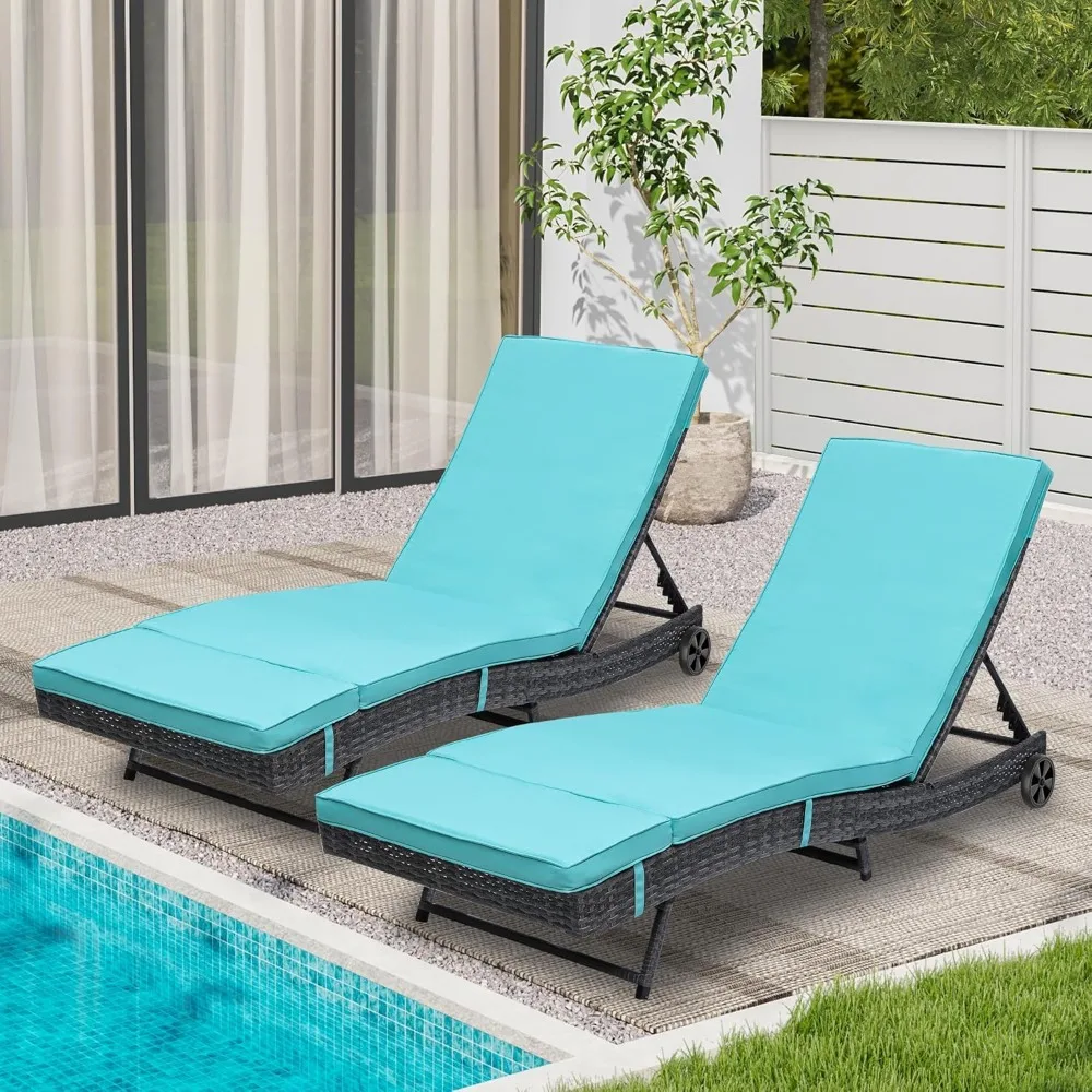 

Rattan Lounge Chair Set of 2, Wicker Outdoor Chaise Lounge w/Wheels, Removable Cushion, 5-Position Backrest, Easy