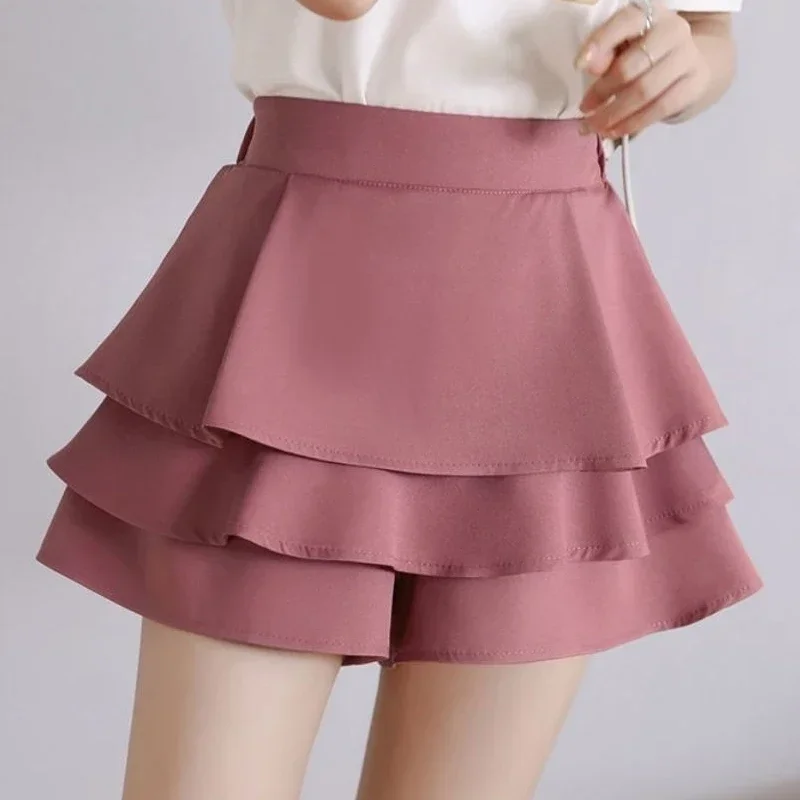 

High Street Casual Loose Elastic Waist Elegant Personality Wide Leg Trous Summer New Solid Color Fashion Cake Shorts Skirt