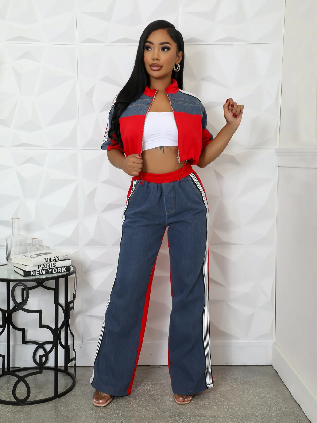 Lovely 2 Pieces Women Sets Striped Crop Top Denim Patchwork Wide Leg Pants Suits 2025 Two Piece Set Loungewear Tracksuit Outfits