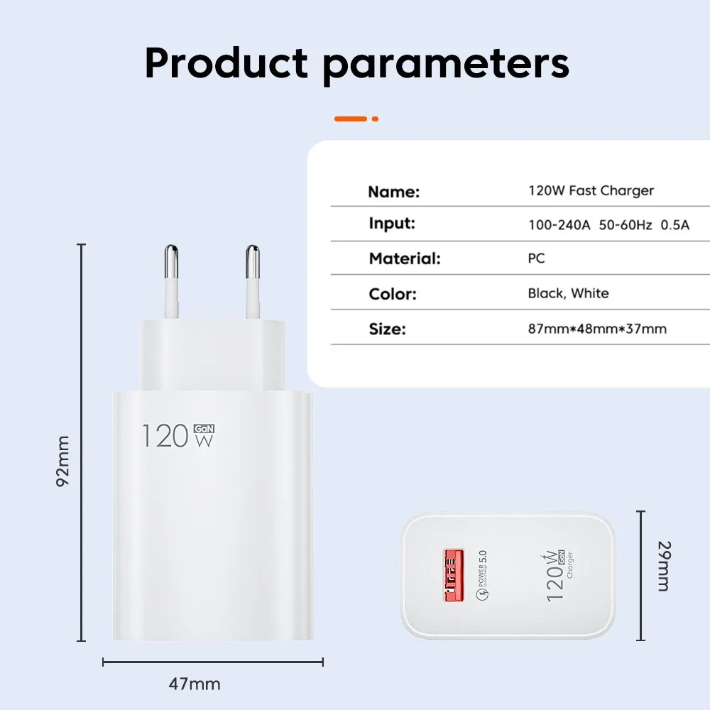 USB GaN Charger 120W Quick Charger 5.0 High Speed Fast Charging Wall Adapter 10A Cable Set for Xiaomi 14 Pro Ultra Samsung S24