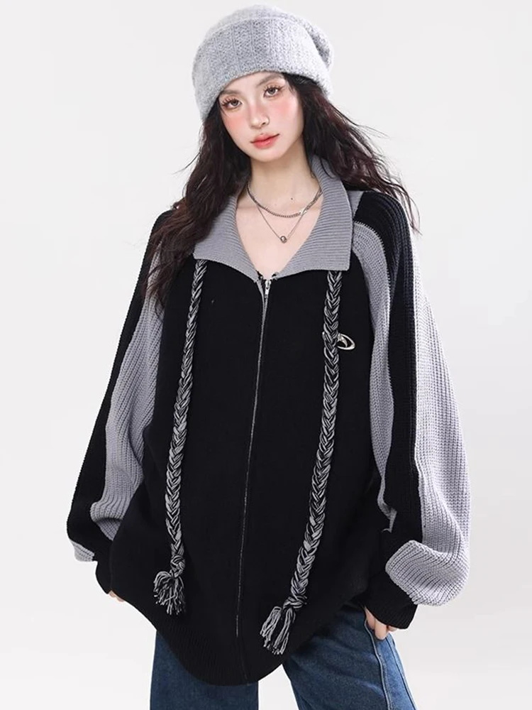 Jmprs Vrouwen Streetwear Y2K Vest Vintage Luie Wind Losse Lange Mouw Gebreide Truien Amerikaanse Harajuku Casual Patchwork Tops